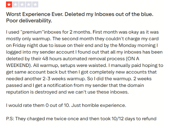 Premium Inboxes TrustPilot review about account deletion