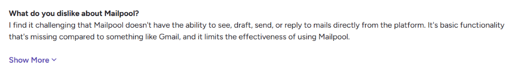 Mailpool G2 user review about not able to see drafts directly