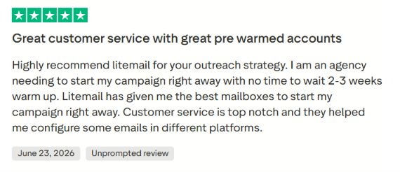 LiteMail Trustpilot review about customer service and pre warmed accounts