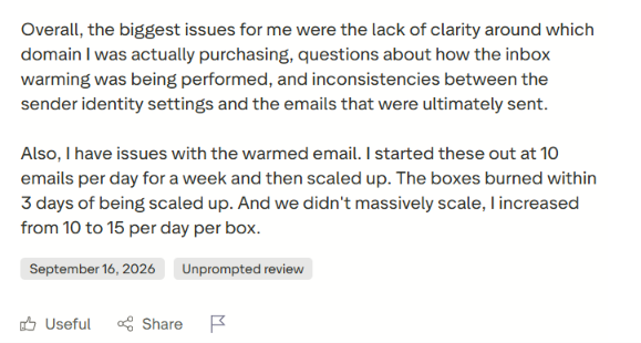 LiteMail TrustPilot review about warmed email