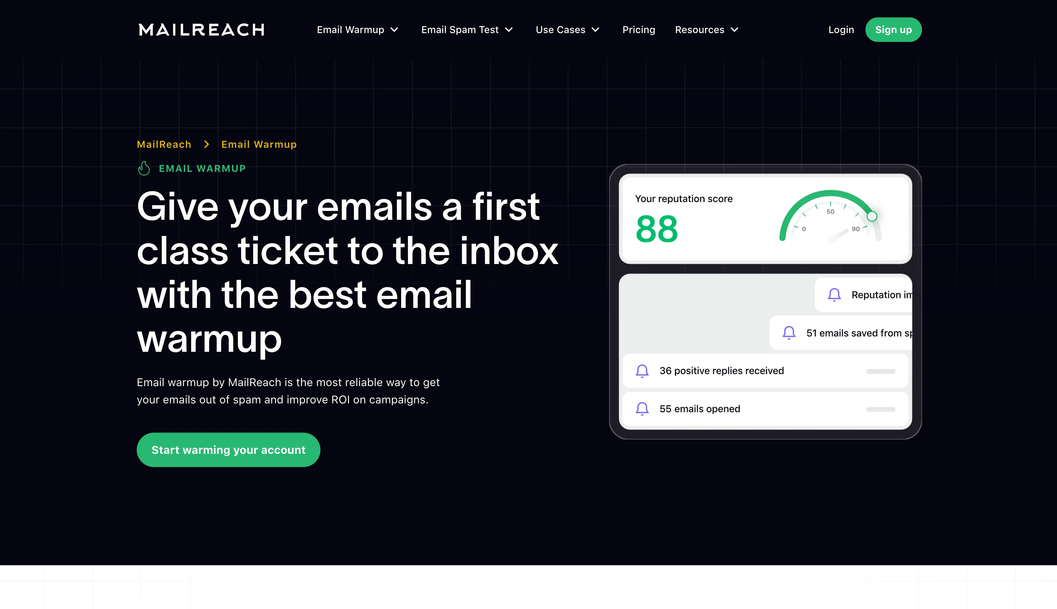MailReach email warmup page showing a reputation score of 88 and warmup activity alerts