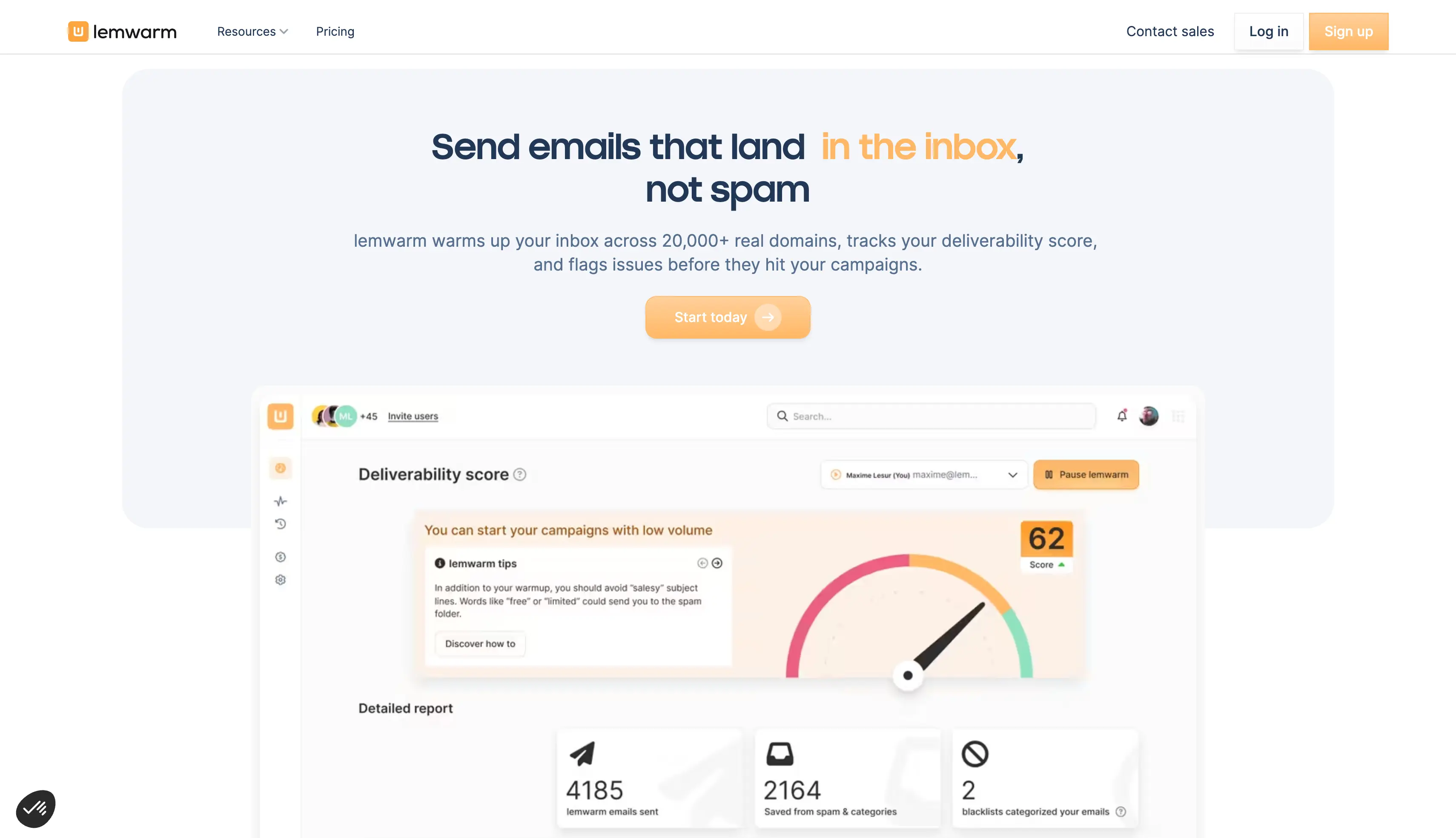 Lemwarm homepage showing the deliverability score dashboard and warmup reporting