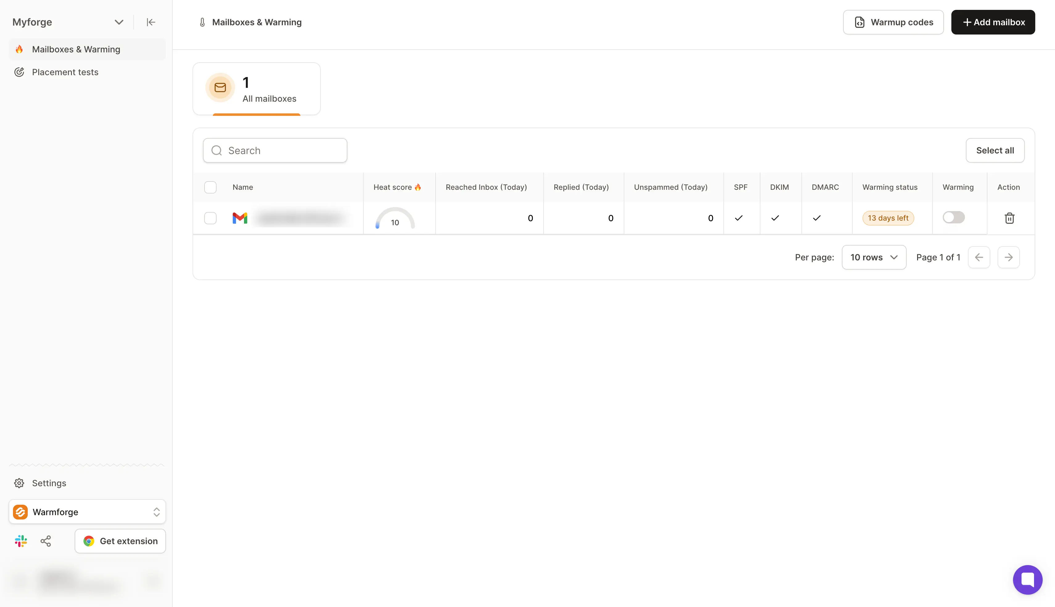 Warmforge email warmup dashboard showing Heat Score and SPF, DKIM and DMARC status
