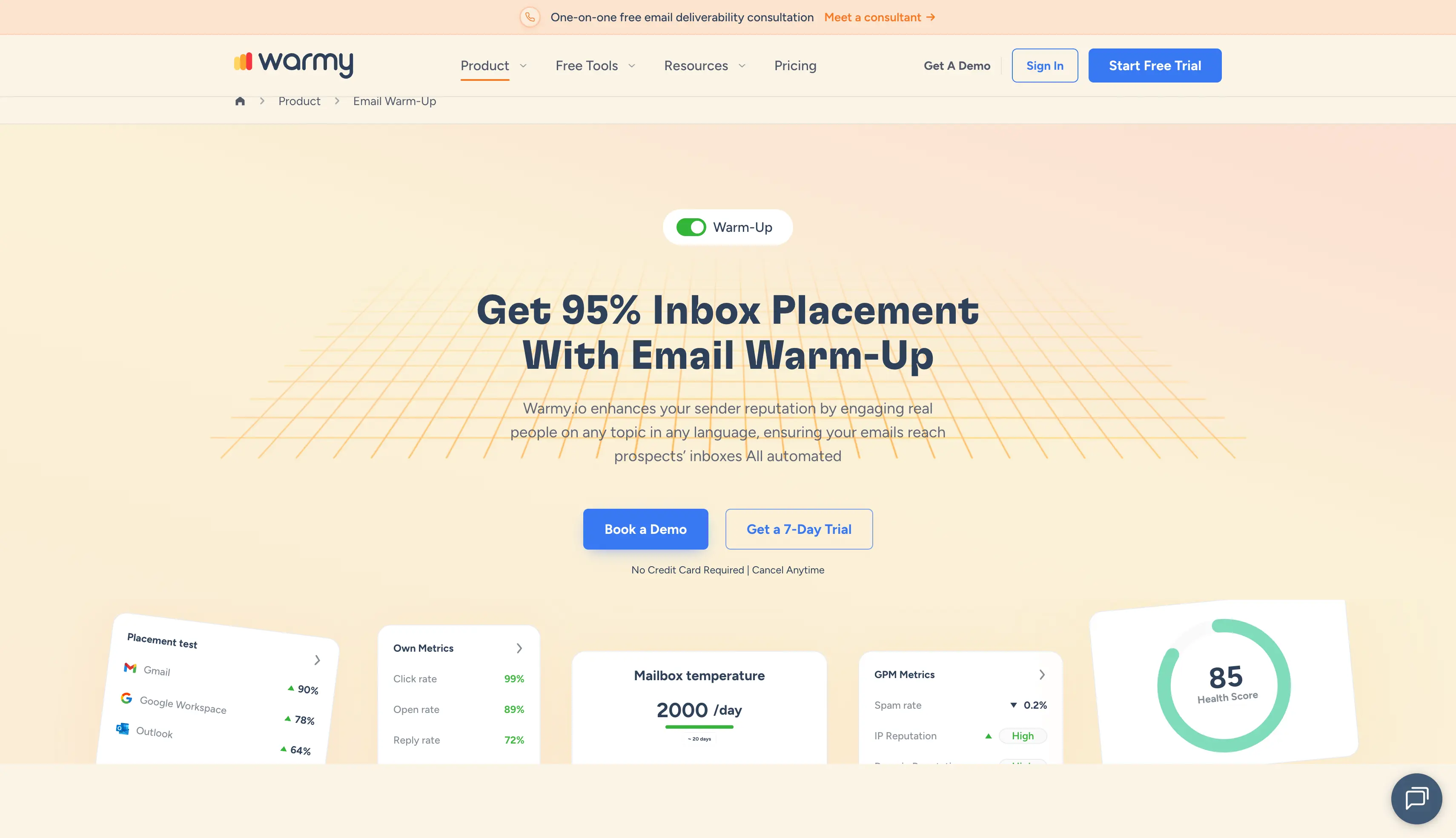 Warmy email warm-up product page showing placement test results, mailbox temperature and health score