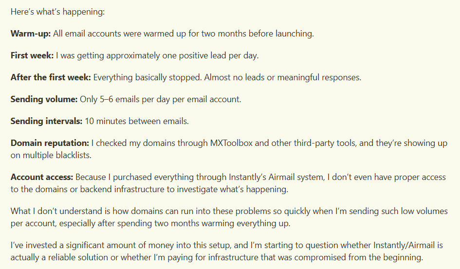Reddit post by Instantly AirMail user