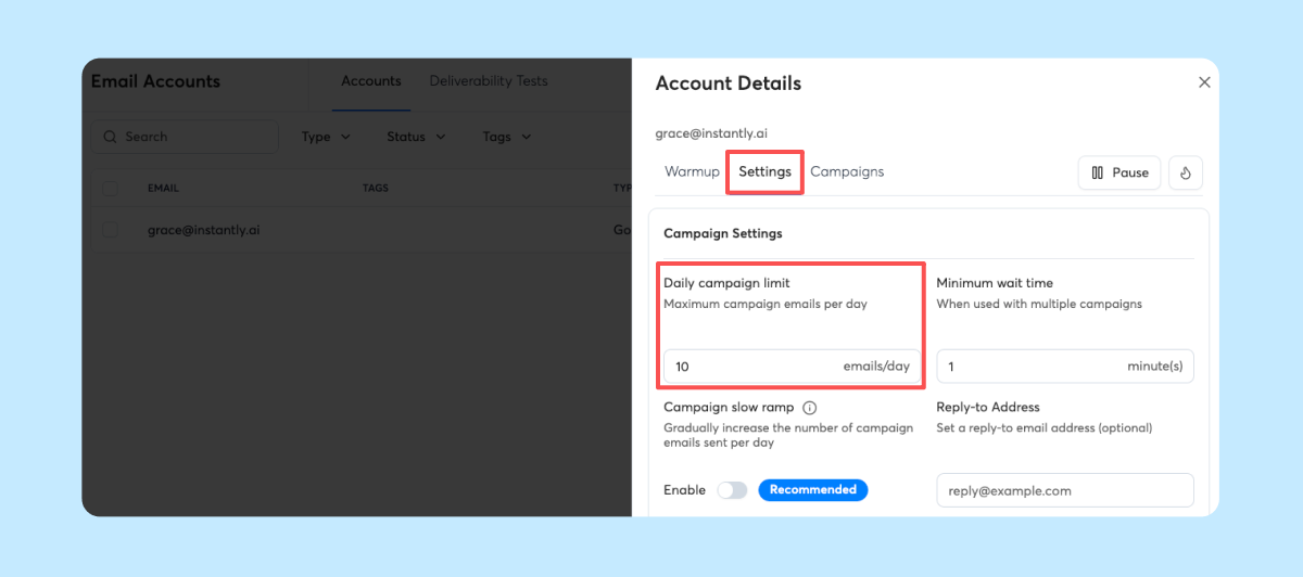 Adjust daily campaign limits for AirMail mailboxes as needed, up to the maximum of 20 emails per account per day.
