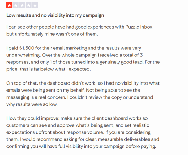 Puzzle Inbox trustpilot review about dashboard