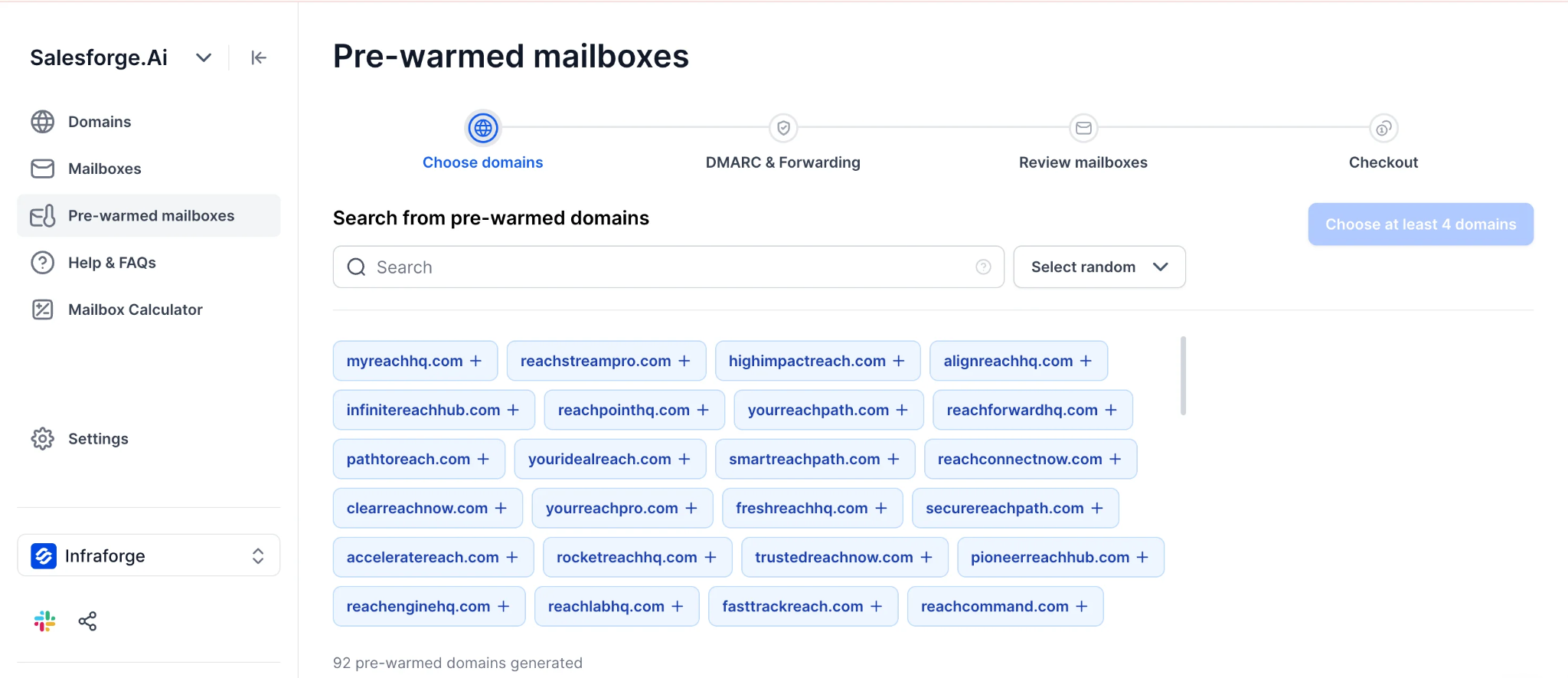 Select your domains on Infraforge