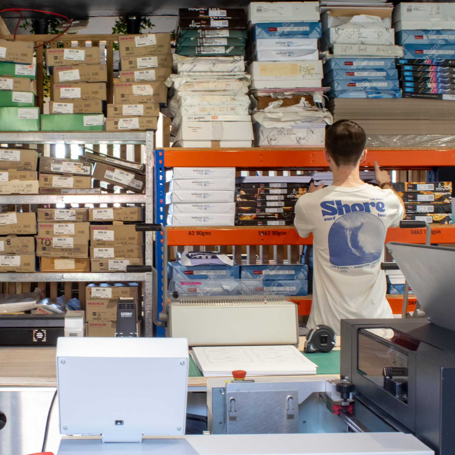 Team member sorting paper in our print studio