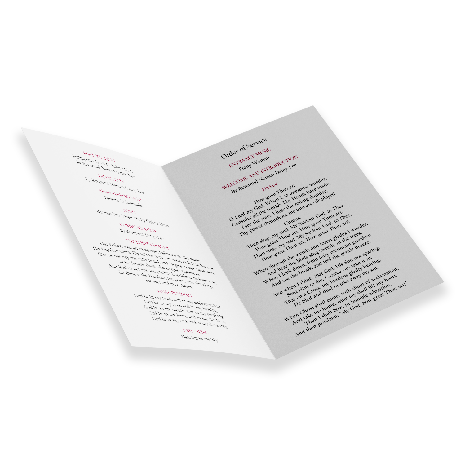 Double-sided A5 funeral order of service, professionally printed by Printshop MK, Milton Keynes