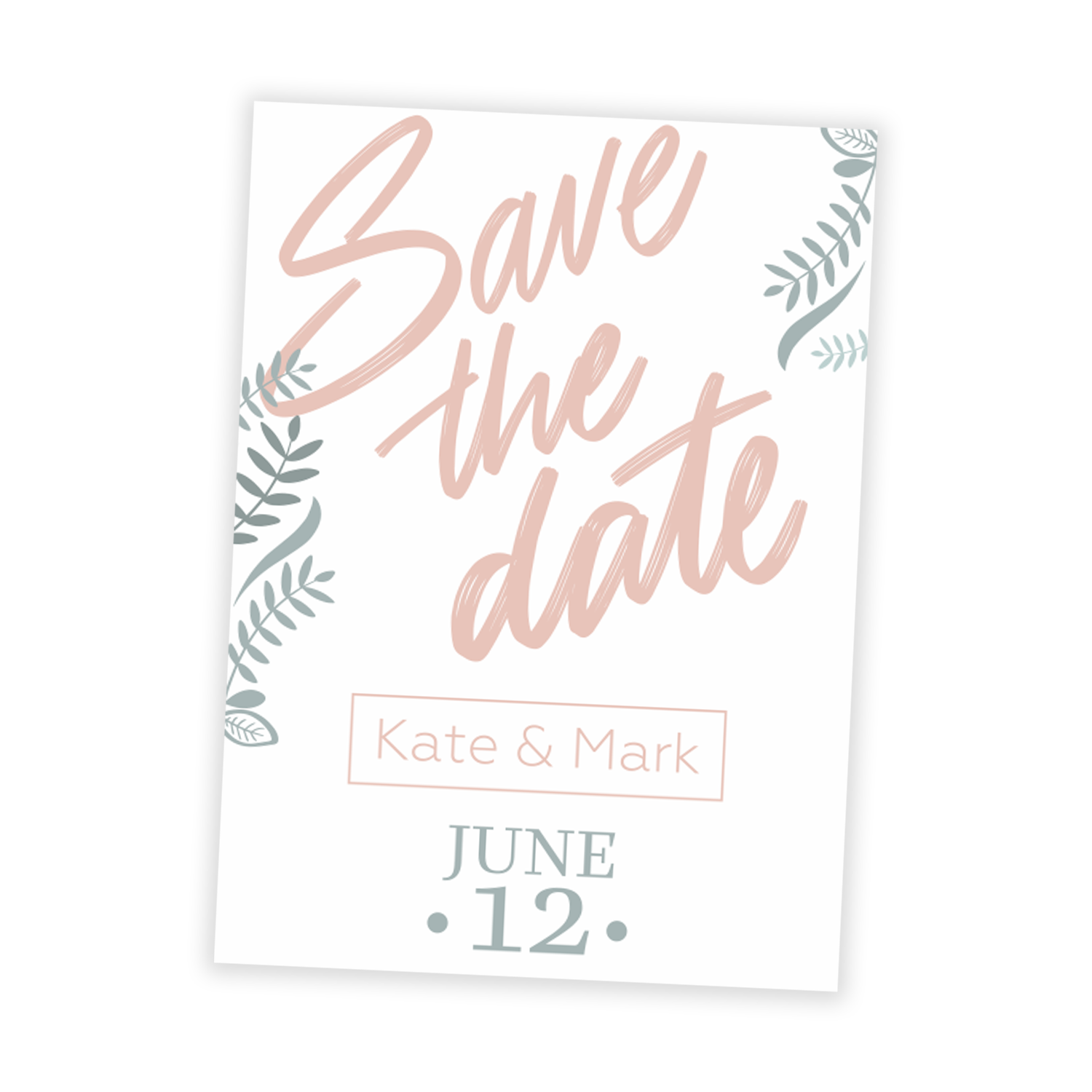 Custom wedding save the date card with leafy silhouette design, printed by Printshop MK, Milton Keynes