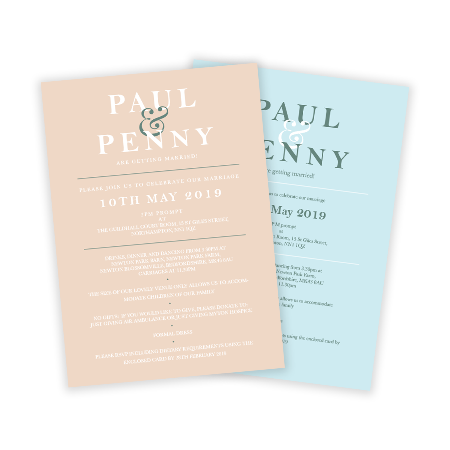 Two custom wedding invitations in pink and blue, printed by Printshop MK, Milton Keynes