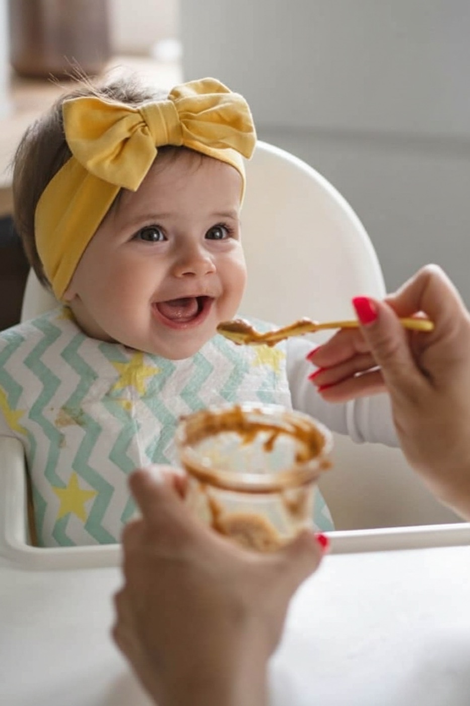 A happy baby being spoon-fed peanut butter