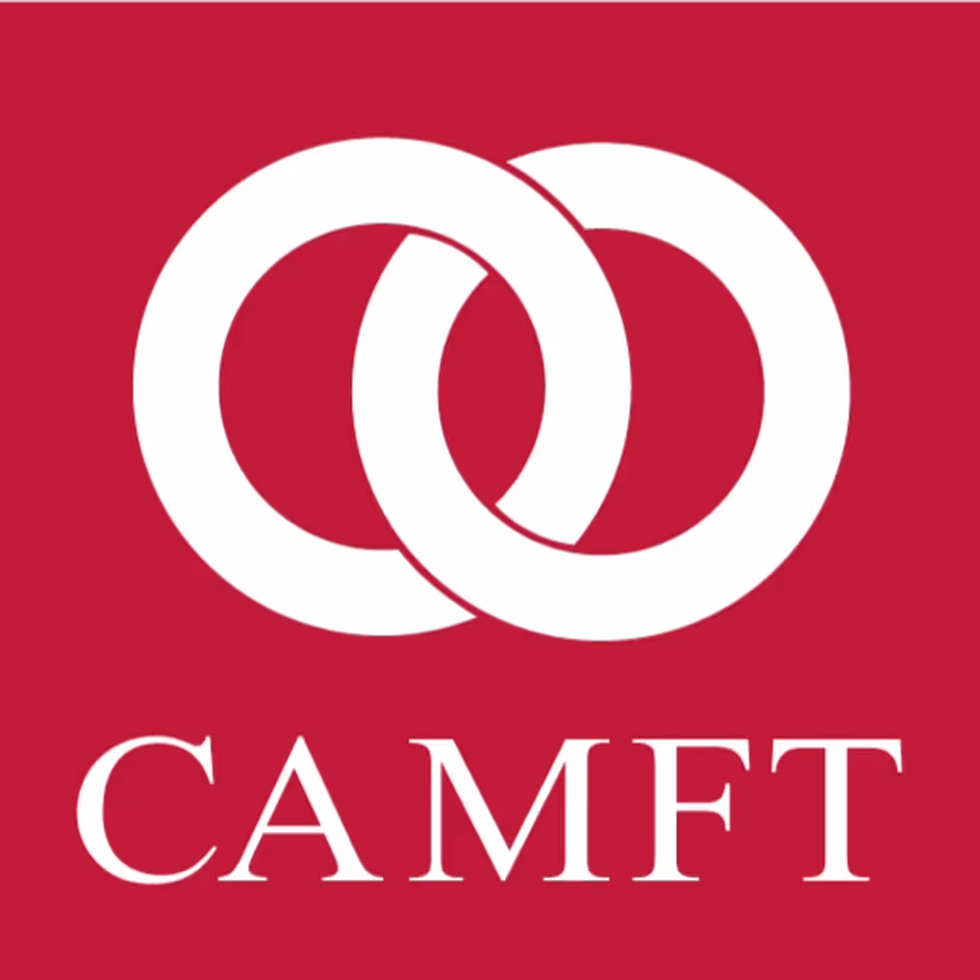 CAMFT logo featuring two interlocking white circles above the acronym CAMFT in white on a red background.