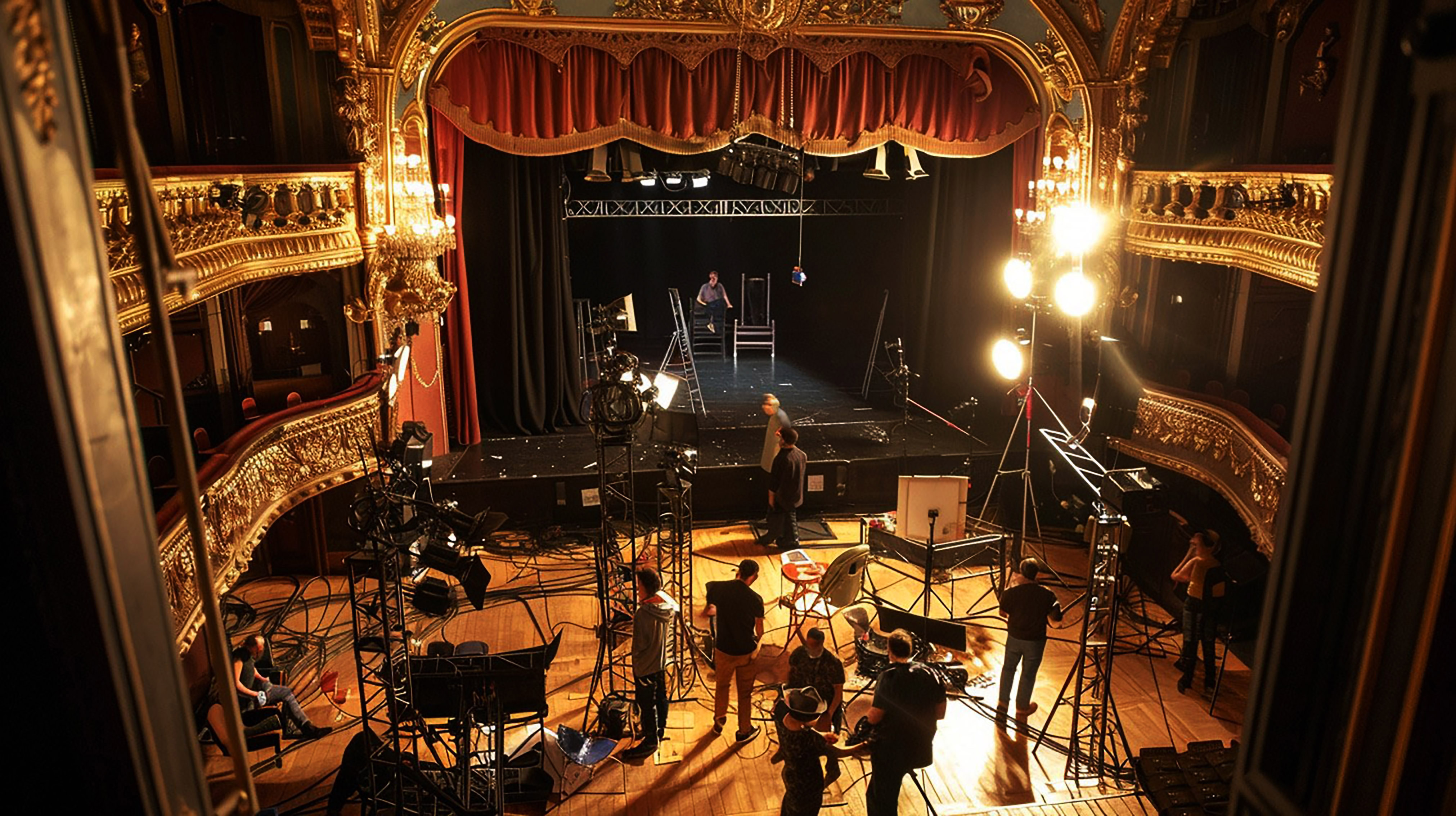 Crew members setting up lighting and equipment on an ornate theater stage with red curtains and golden decorations.