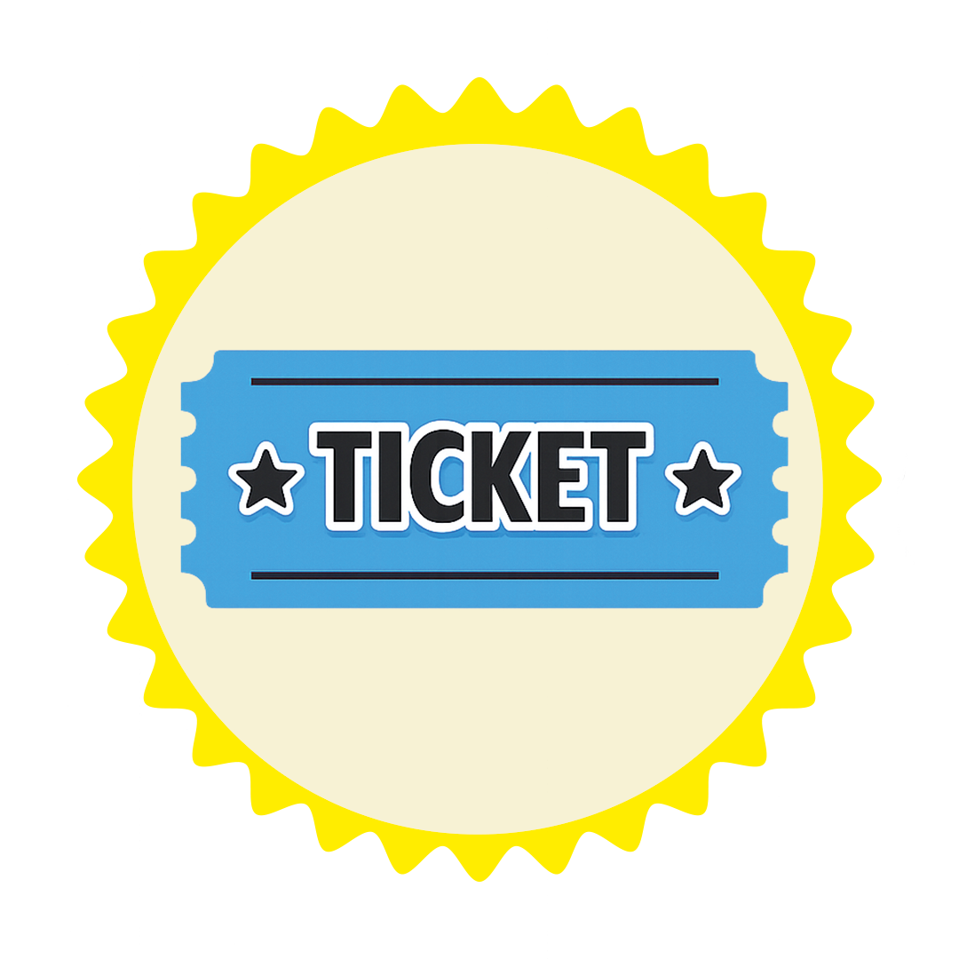 Blaues Ticket mit dem Schriftzug »TICKET« in schwarzer Schrift, umgeben von einem gelben Sternenrahmen.