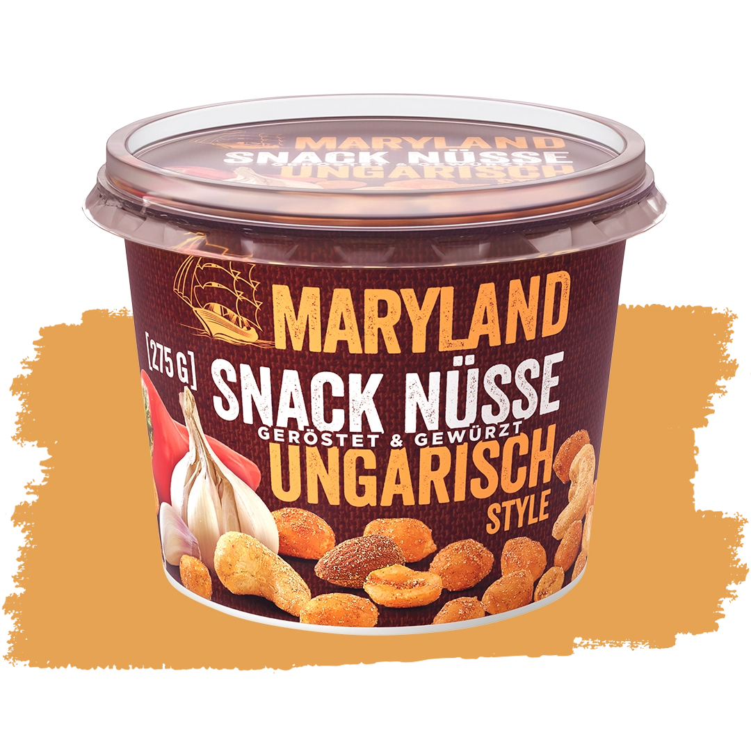 Becher mit Maryland Snack Nüsse, geröstet und gewürzt im ungarischen Stil, 275 g.
