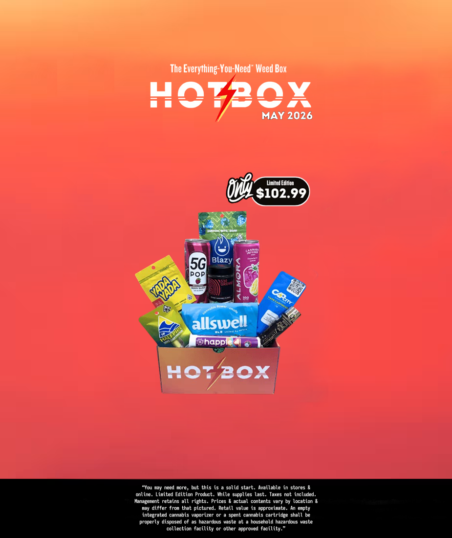 Colorful promotional poster titled “Hot Box” for May 2026, displaying cannabis product deals