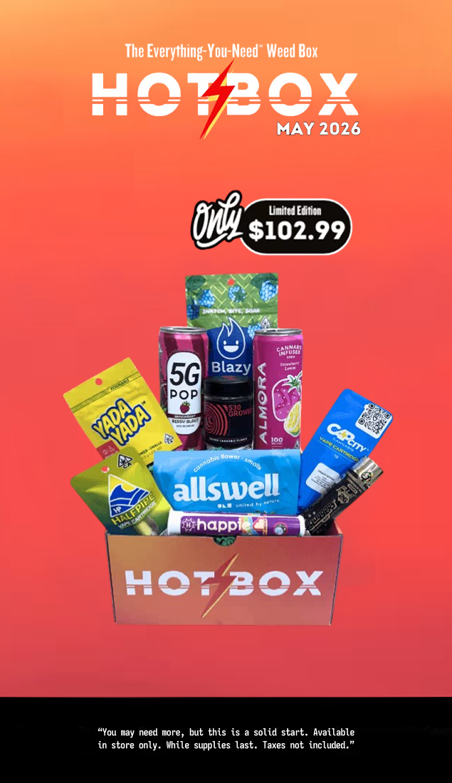 Colorful promotional poster titled “Hot Box” for May 2026, displaying cannabis product deals