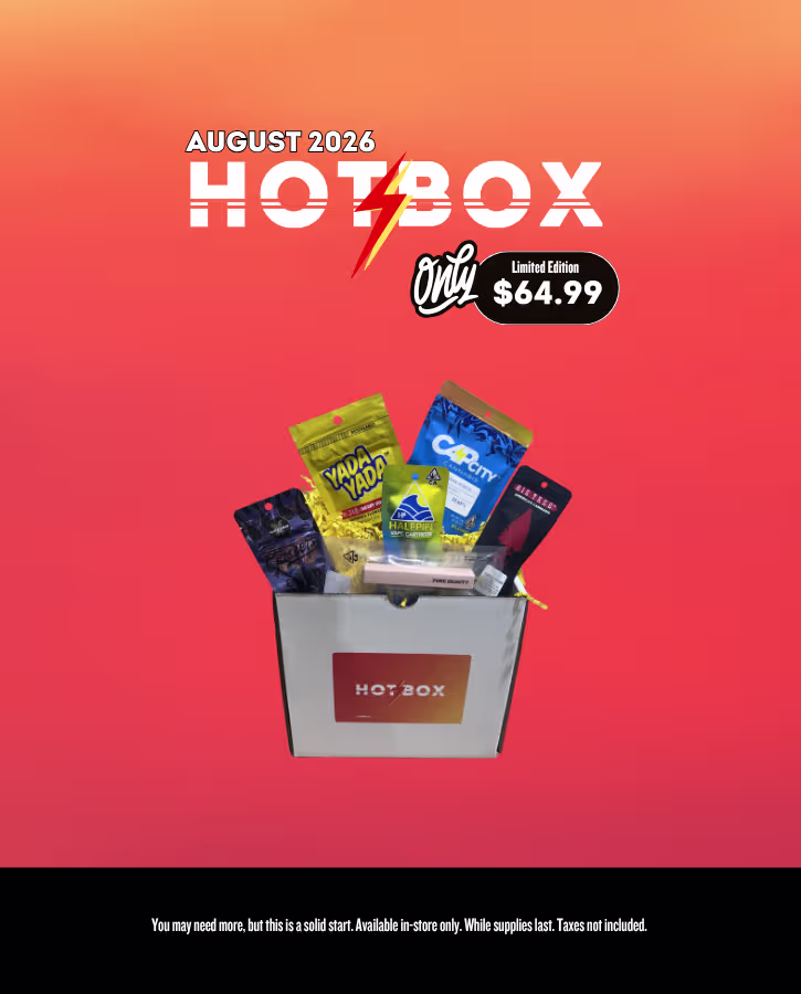 Colorful promotional poster titled “Hot Box” for May 2026, displaying cannabis product deals