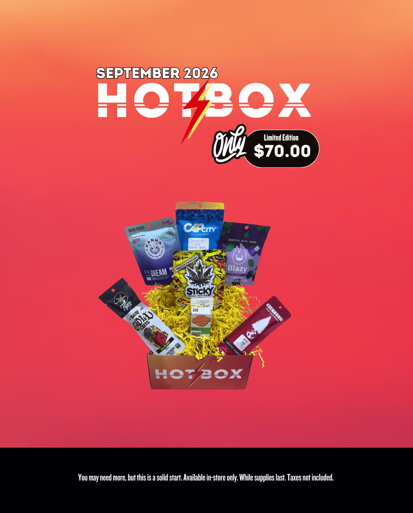 Colorful promotional poster titled “Hot Box” for May 2026, displaying cannabis product deals