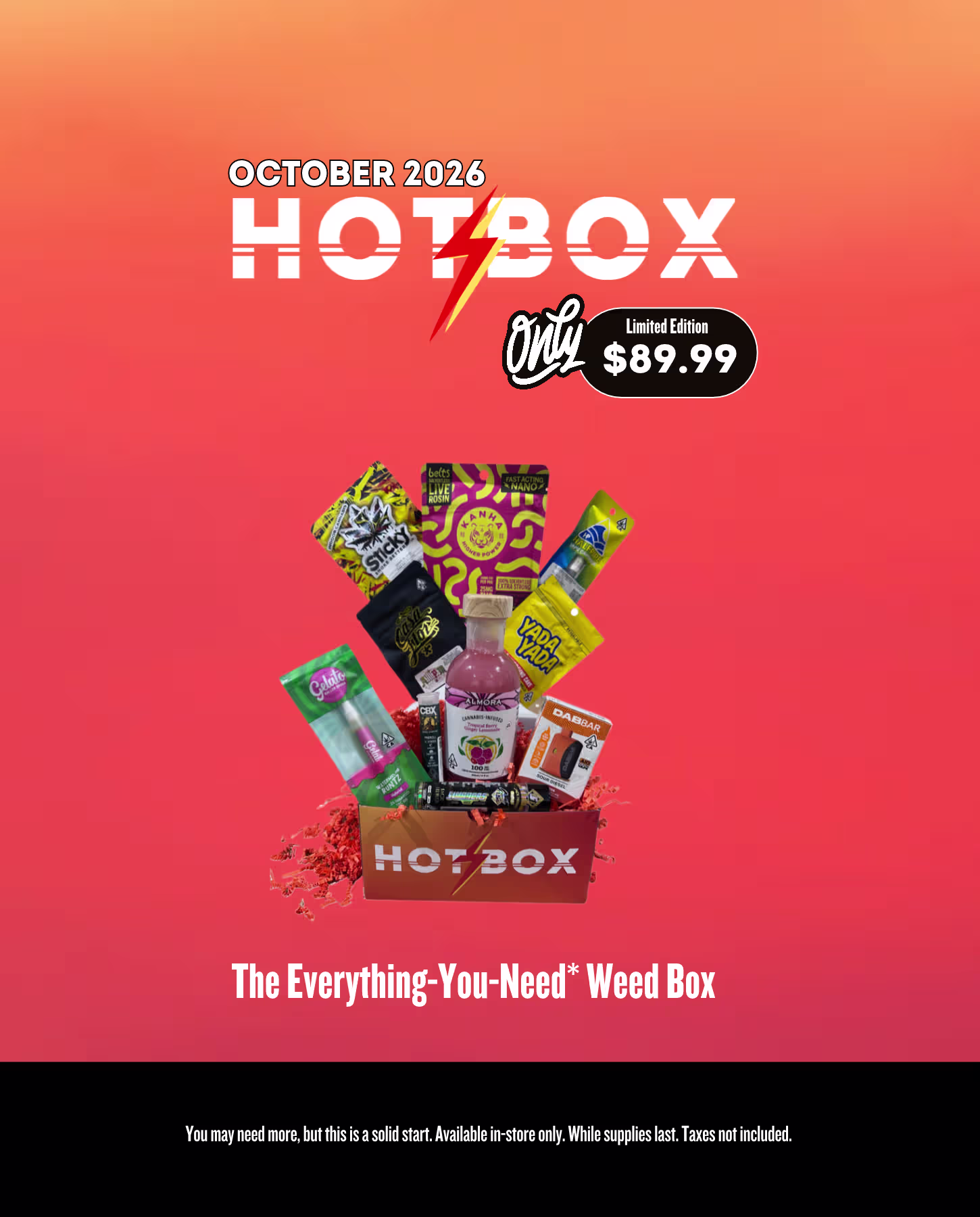 Colorful promotional poster titled “Hot Box” for May 2026, displaying cannabis product deals