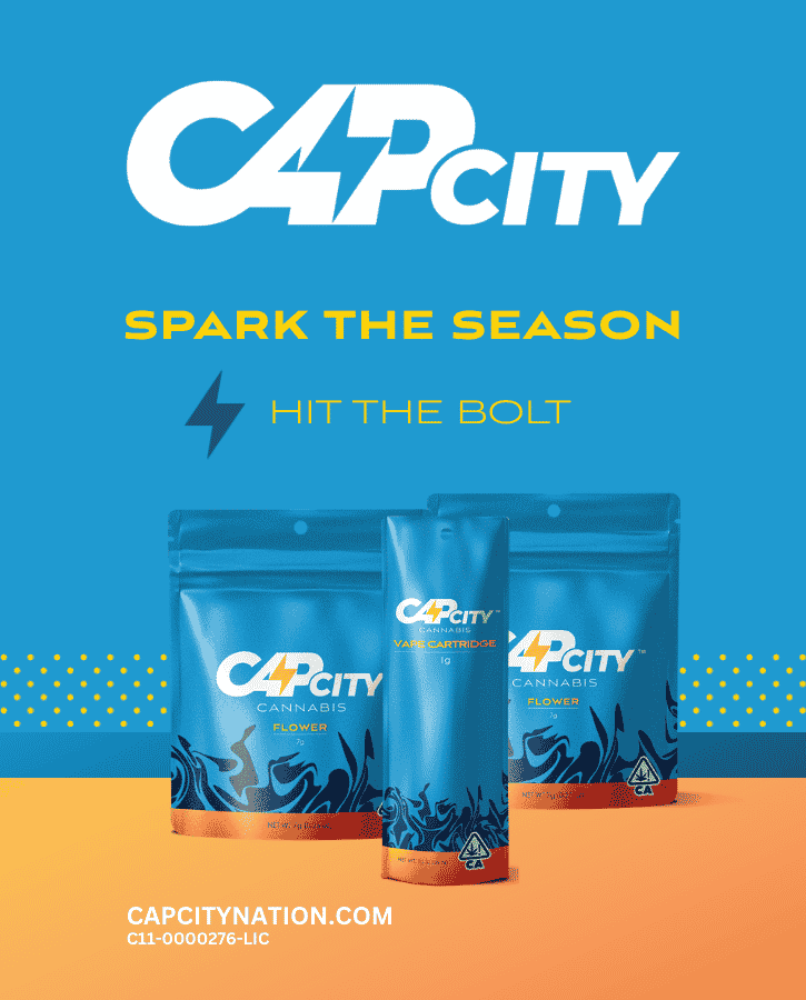 Cap City Spark the Season Hit the Bolt features 2 bags of cannabis flower and 1 bag of 1g vape cart packaging. Blue and yellow imagery with blue lightening bolt and Cap City Logo with license number C11-0000276-LIC and capcitynation.com url