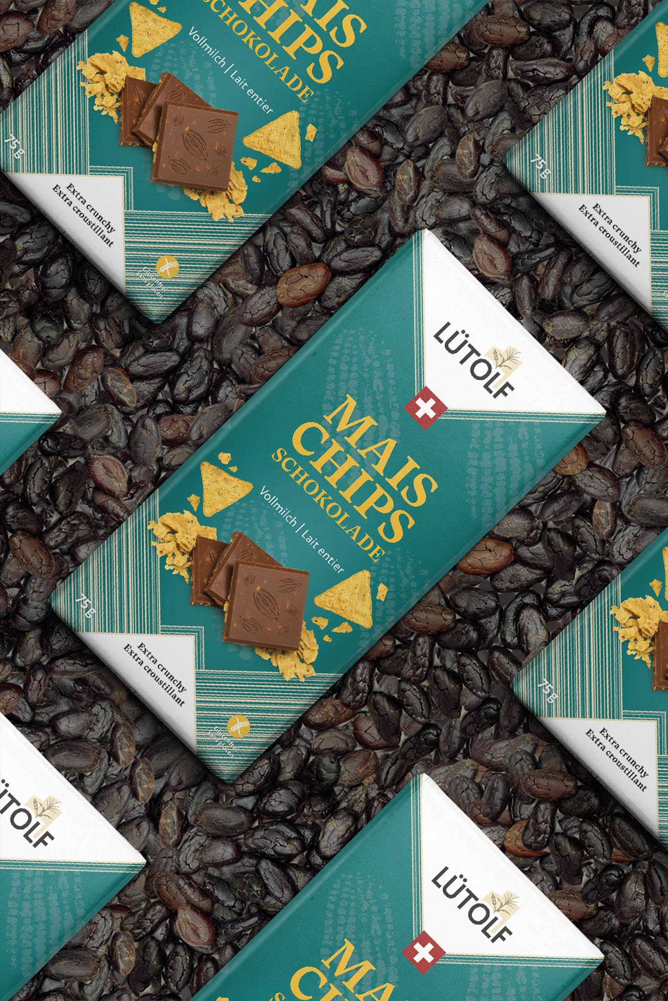 Verpackungsdesign für Mais Chips Schokolade der Marke Lütolf – entwickelt von Visuala für Markenidentität und Sichtbarkeit in St. Gallen