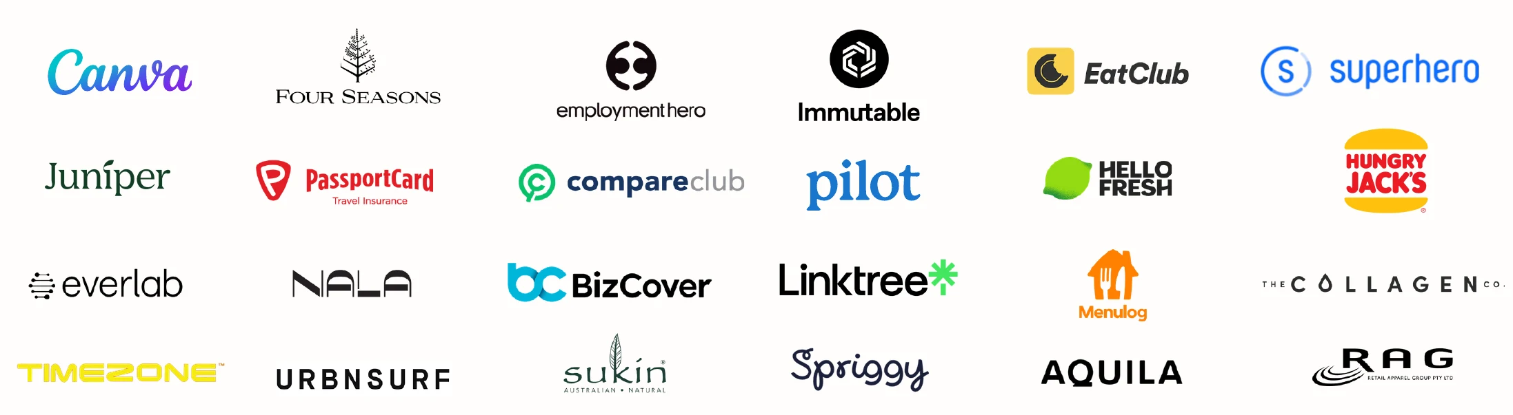 Brands including Canva, Four Seasons, Employment Hero, Immutable, EatClub, Superhero, Juniper, PassportCard, Compare Club, Pilot, HelloFresh, Hungry Jack's, Everlab, Nala, BizCover, Linktree, Menulog, The Collagen Co, Timezone, Urbnsurf, Sukin, Spriggy, Aquila and RAG