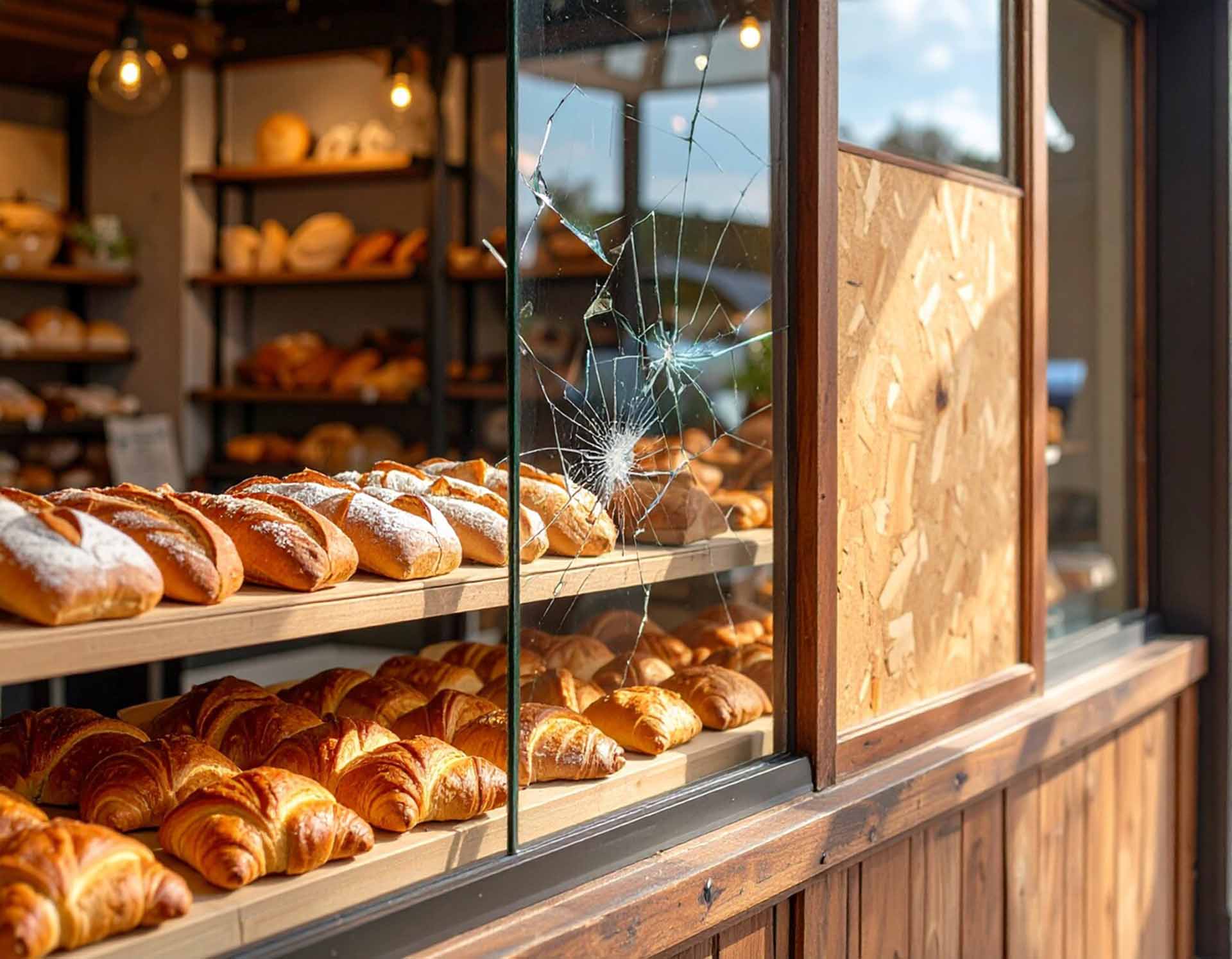 Boarded up bakery shop broken window