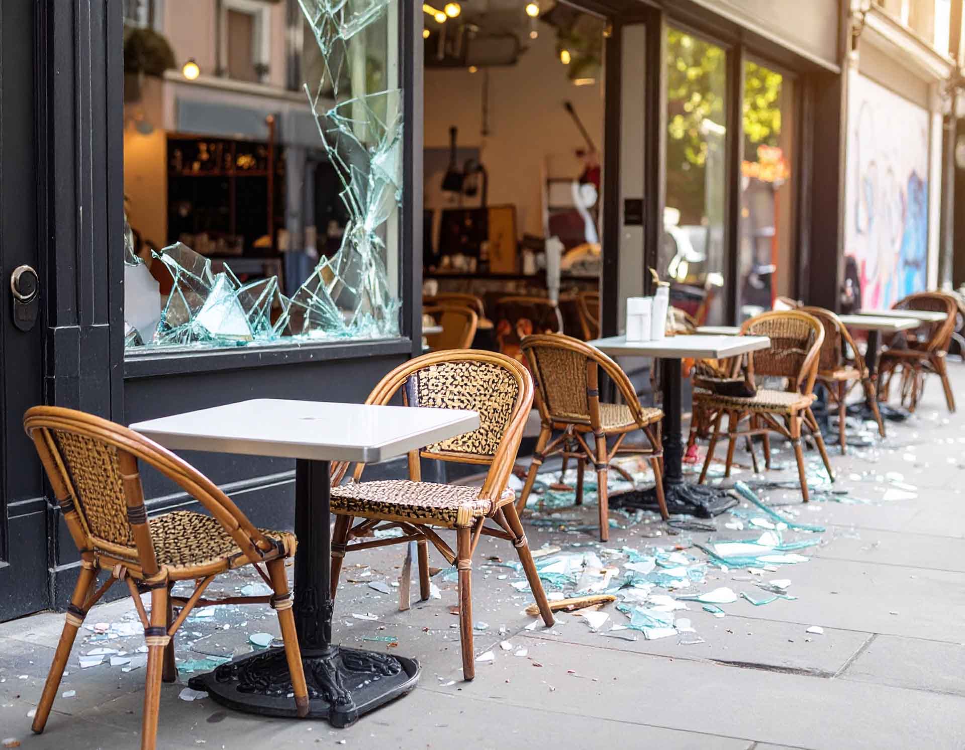 Break-in at a café with smashed windows.