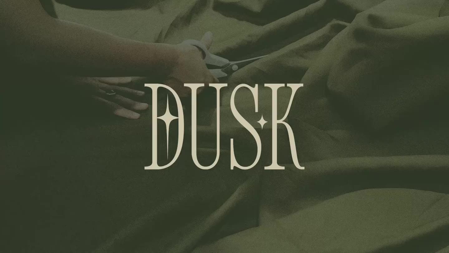 Dusk wordmark over olive fabric