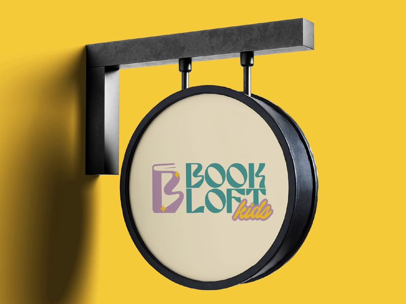 Book Loft Kids logo on a hanging sign