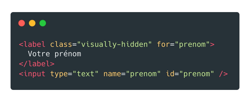 Code source présentant un élément input associé à son label, lui-même caché par le biais d'une classe CSS.