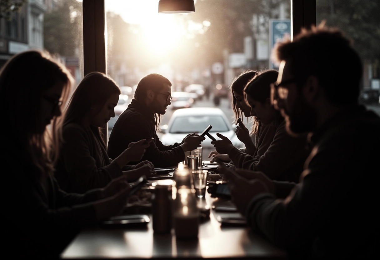 Group of young adults in a cafe on smart phones going through social media