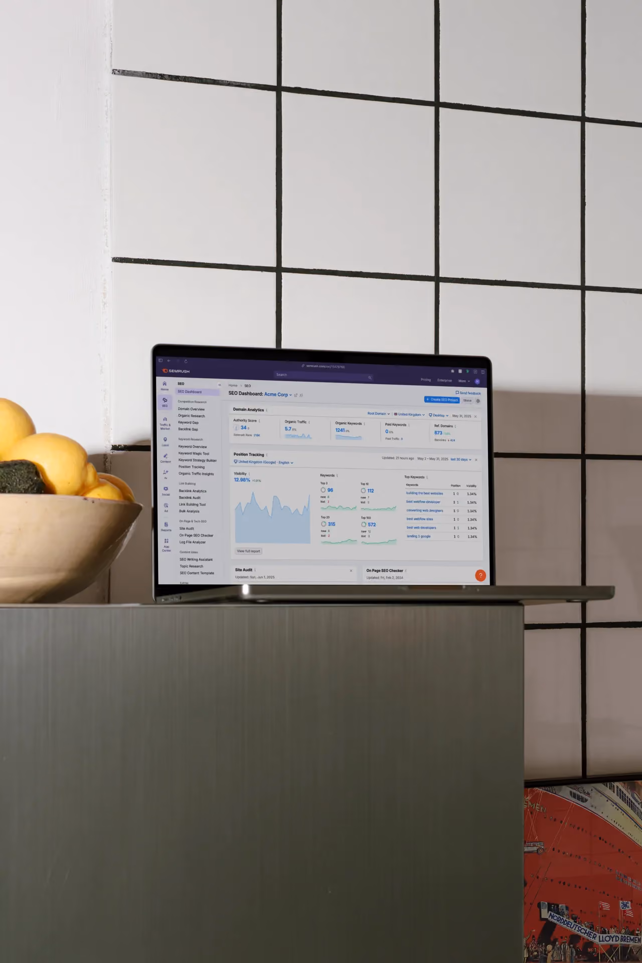 A mockup of a website showing seo results via semrush