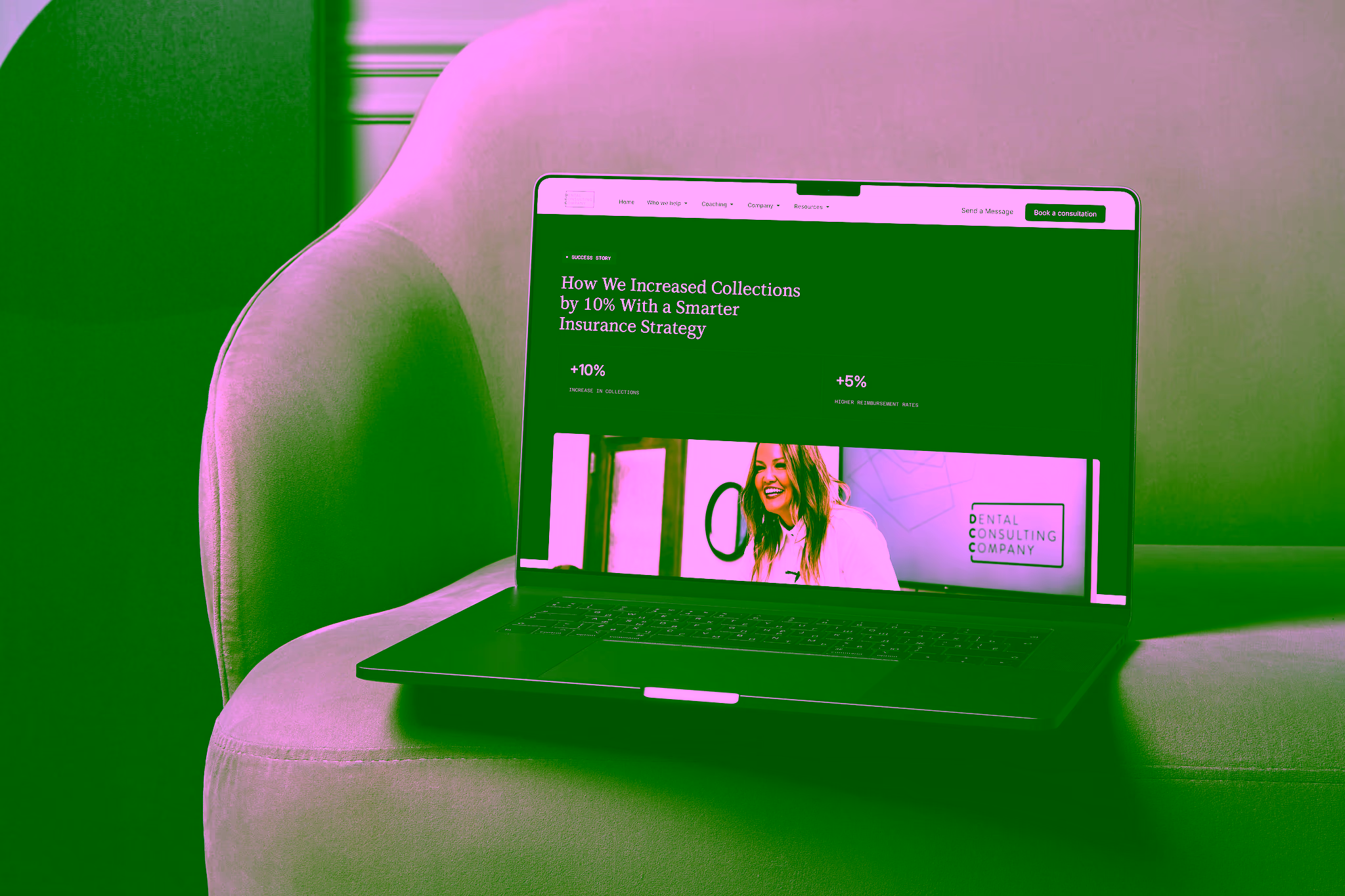 Laptop on sofa showing a success story about a 10% increase in collections with smarter insurance strategy.