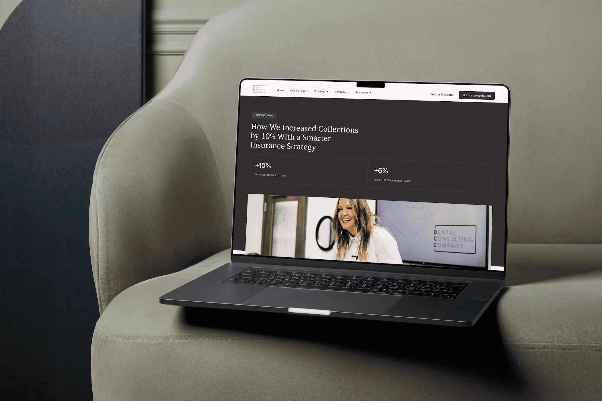 Laptop on sofa showing a success story about a 10% increase in collections with smarter insurance strategy.