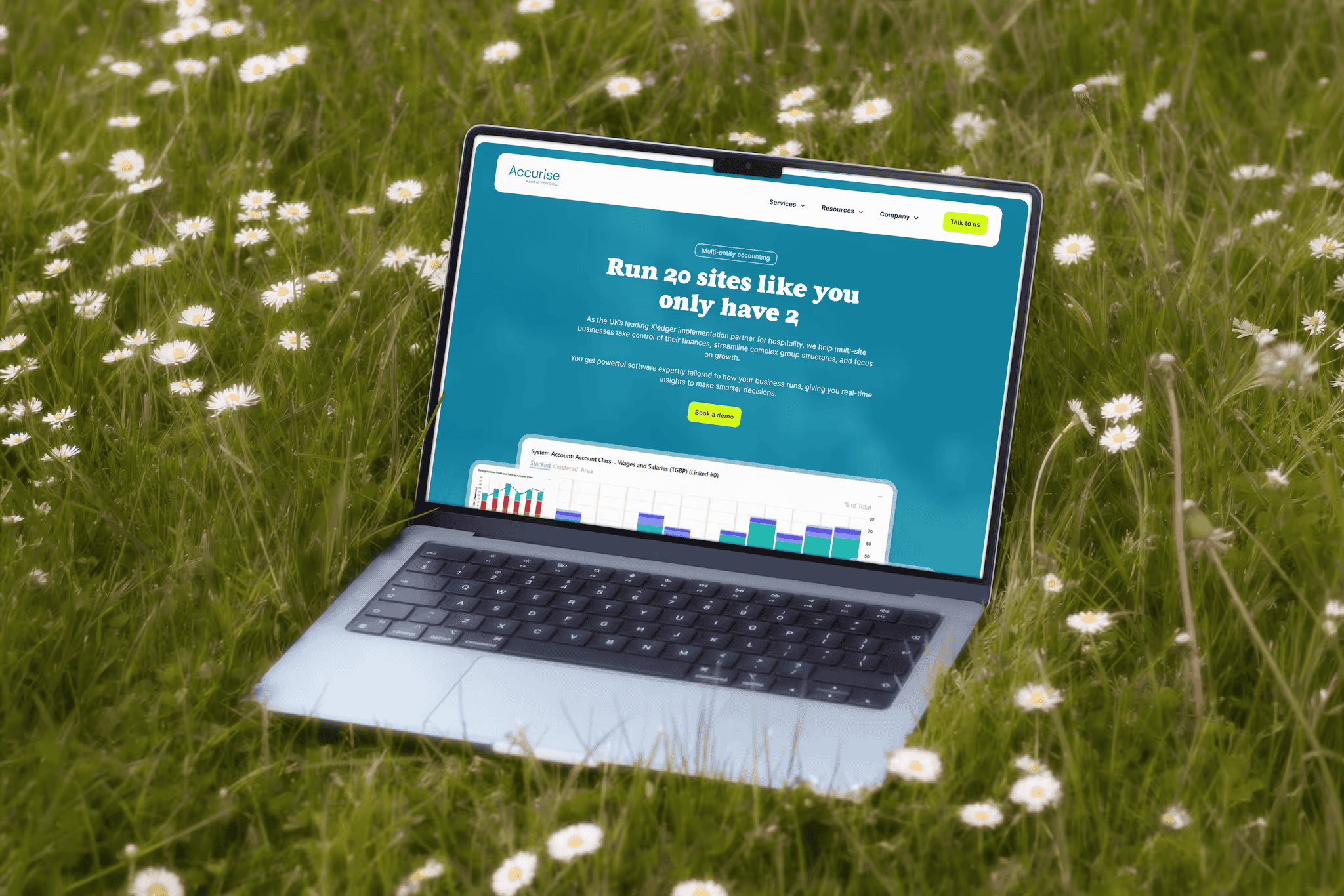 Open laptop with website on multi-site business software on a grass field with daisies.