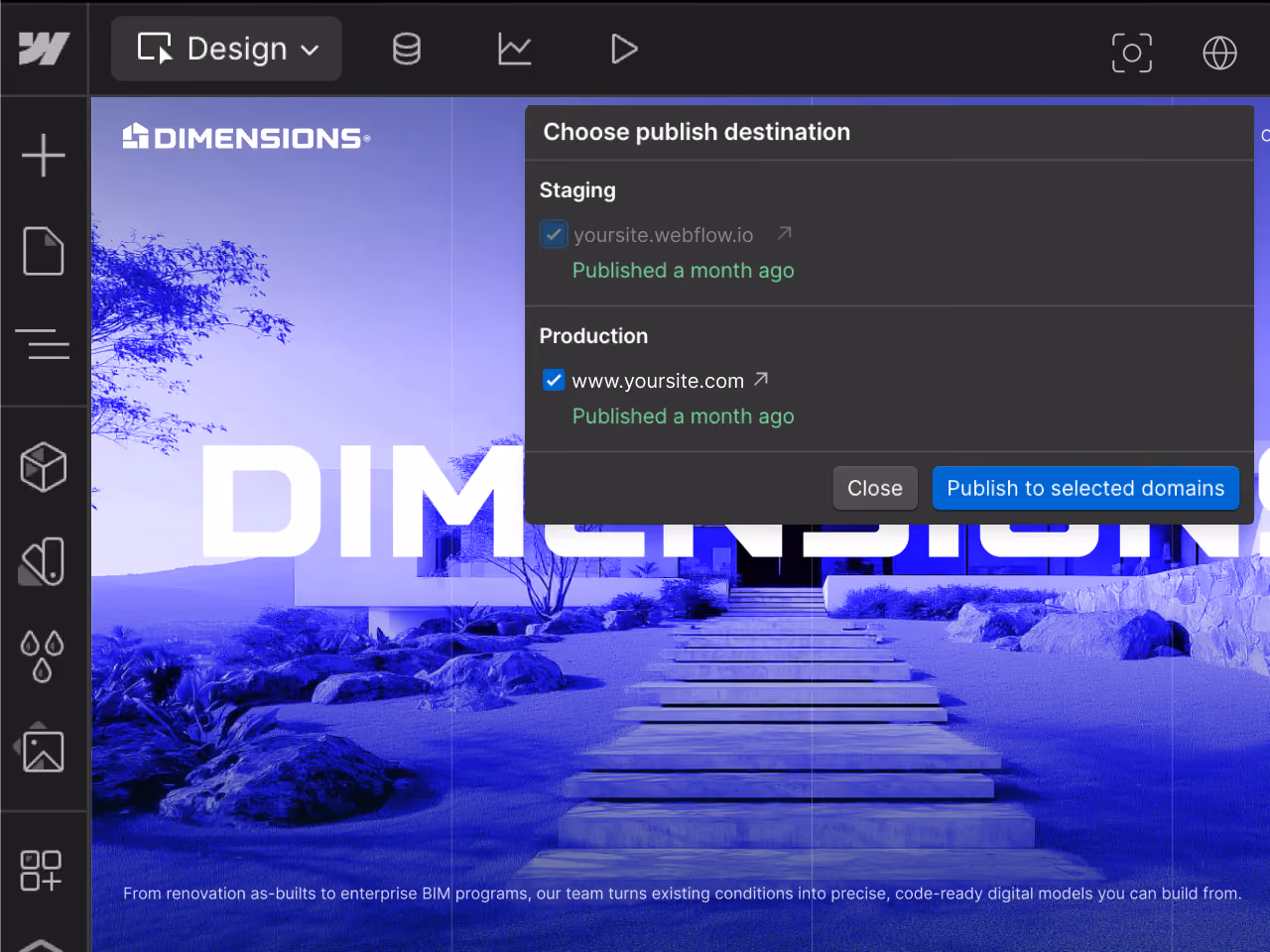 Web design interface showing a modal titled 'Choose publish destination' with options for staging and production domains, both published a month ago, over a background image of a modern house and steps, with DIMENSIONS logo and tagline about BIM programs.