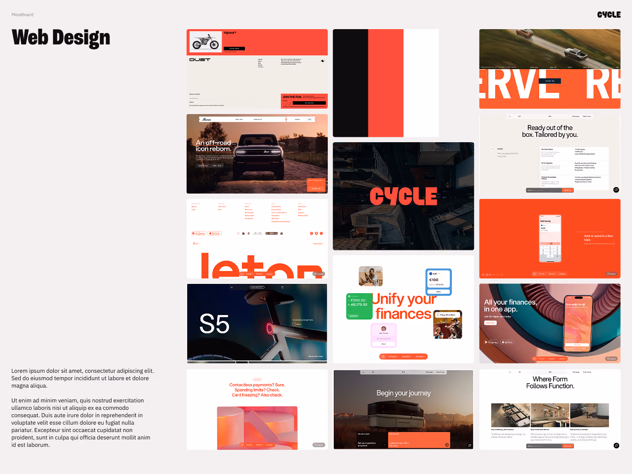 Web design moodboard with various digital interface designs and user experience elements featuring bold red, black, and white color schemes, modern typography, images of vehicles, financial app screens, and promotional banners highlighting finance management and technology themes.