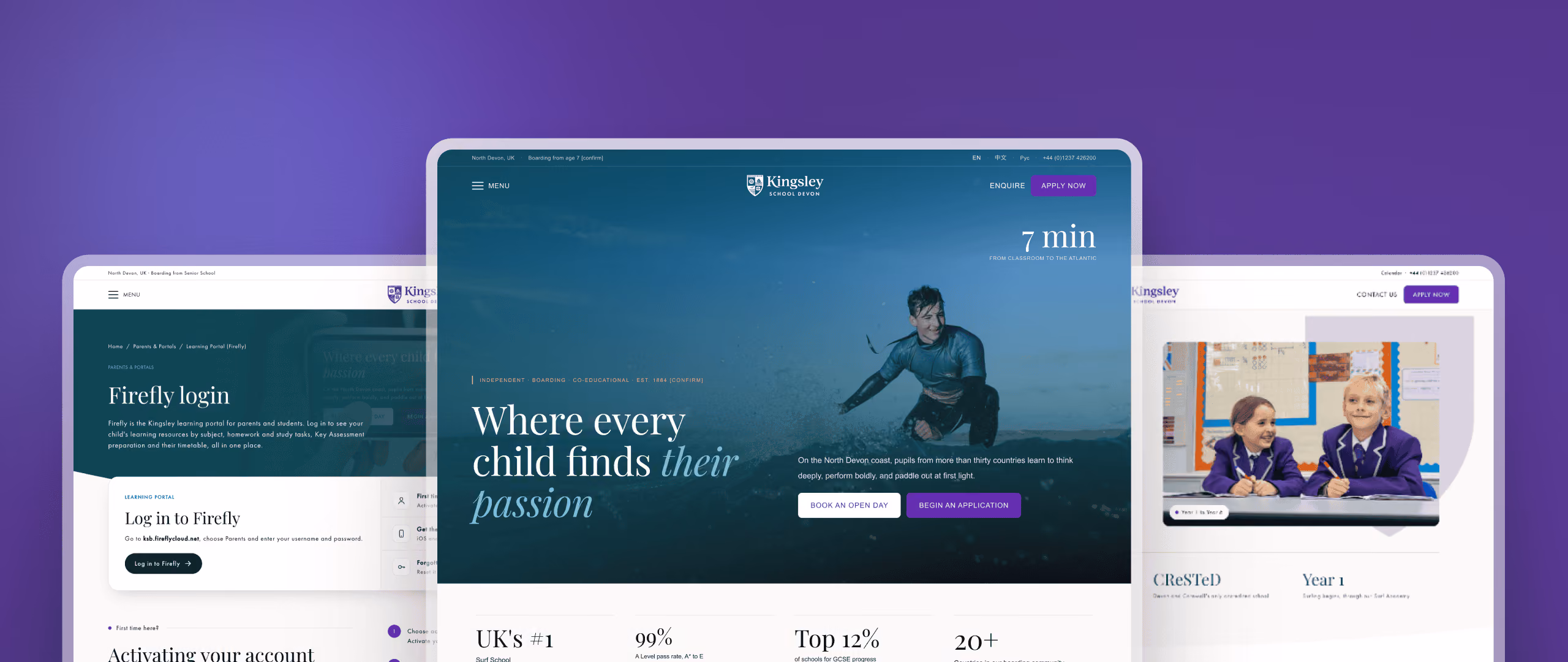 A website display featuring Kingsley School branding with a central screen showing a surfing boy and text 'Where every child finds their passion,' surrounded by two other pages including a login page titled 'Firefly login' and a student photo page, all on a purple background.