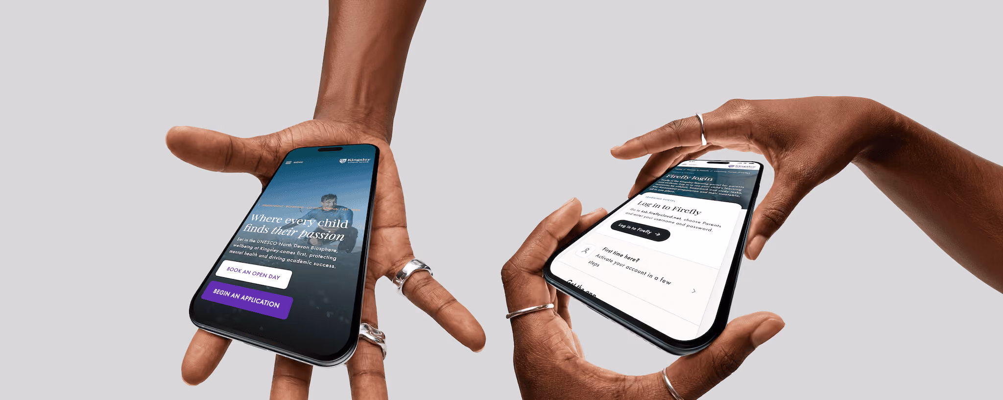 Two hands holding and interacting with smartphones displaying different app screens against a plain background.