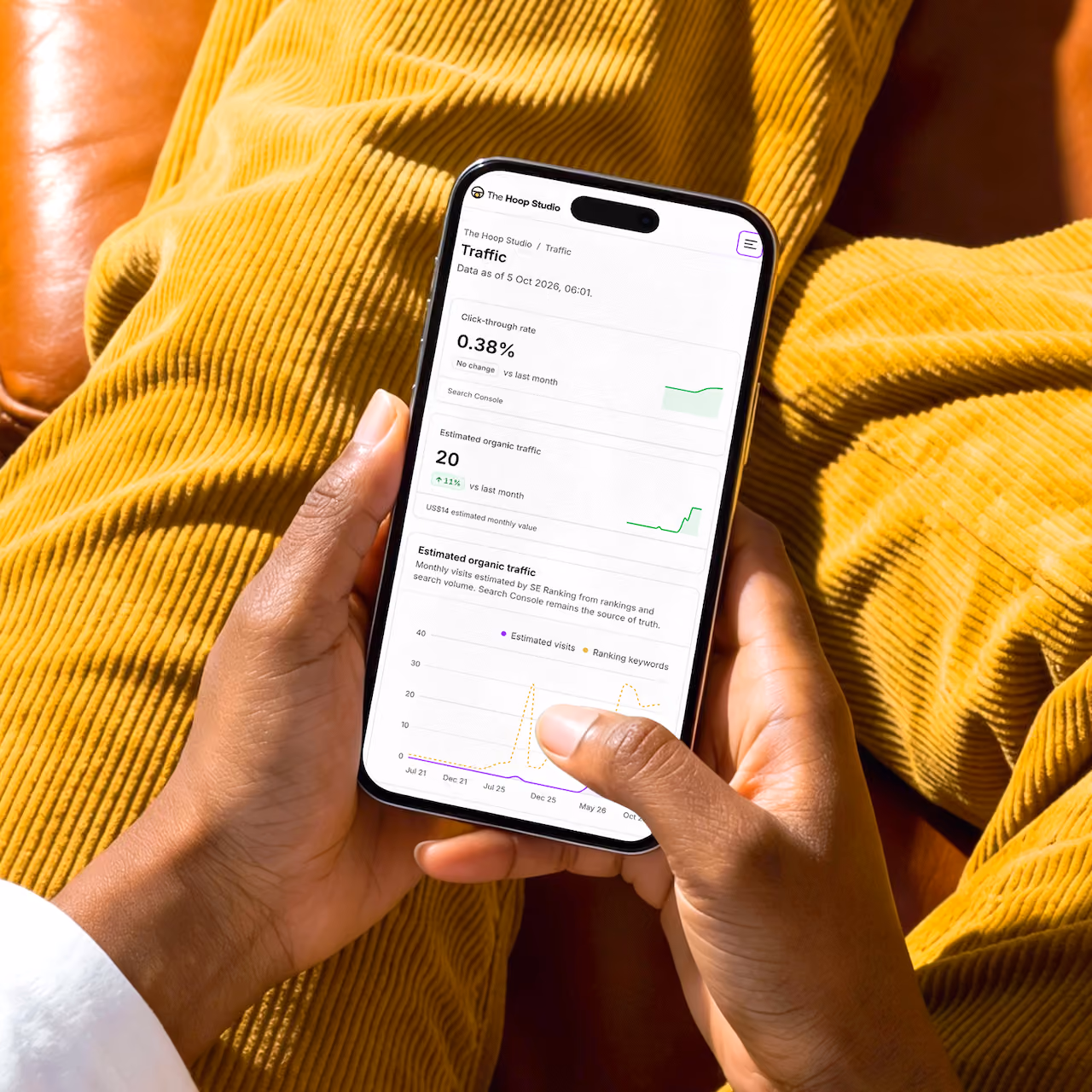 Person holding a smartphone displaying The Hoop Studio's Traffic data dashboard, showing a 0.38% click-through rate, 20 estimated organic traffic with an 11% increase, and a line graph of estimated visits and ranking keywords over time.