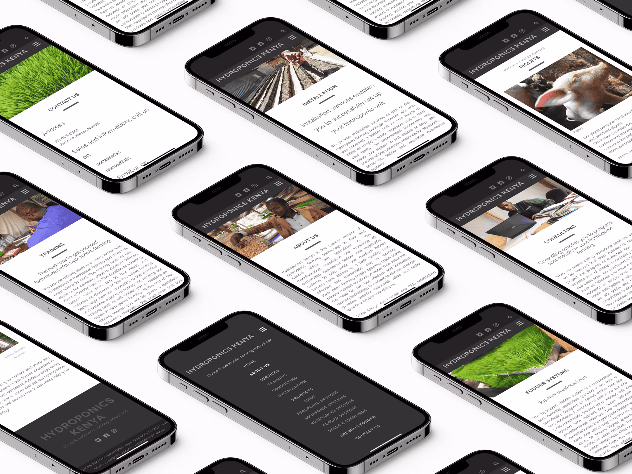 Multiple smartphones laid out on a white surface display various sections of the Hydroponics Kenya website, including pages on installation, livestock, training, consulting, about us, contact us, and fodder systems.