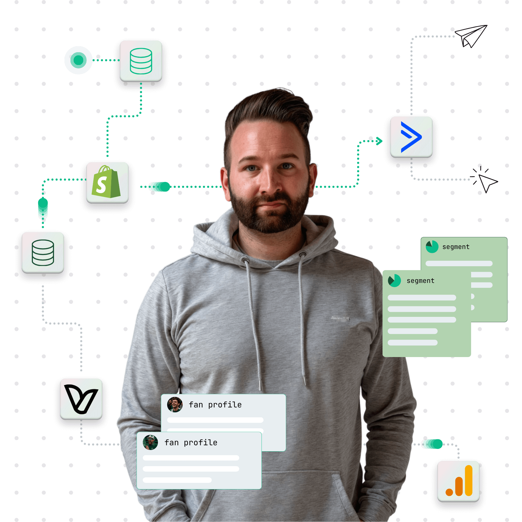 Man in gray hoodie in front of a black background with icons representing data flow between Shopify, databases, analytics, and marketing tools.