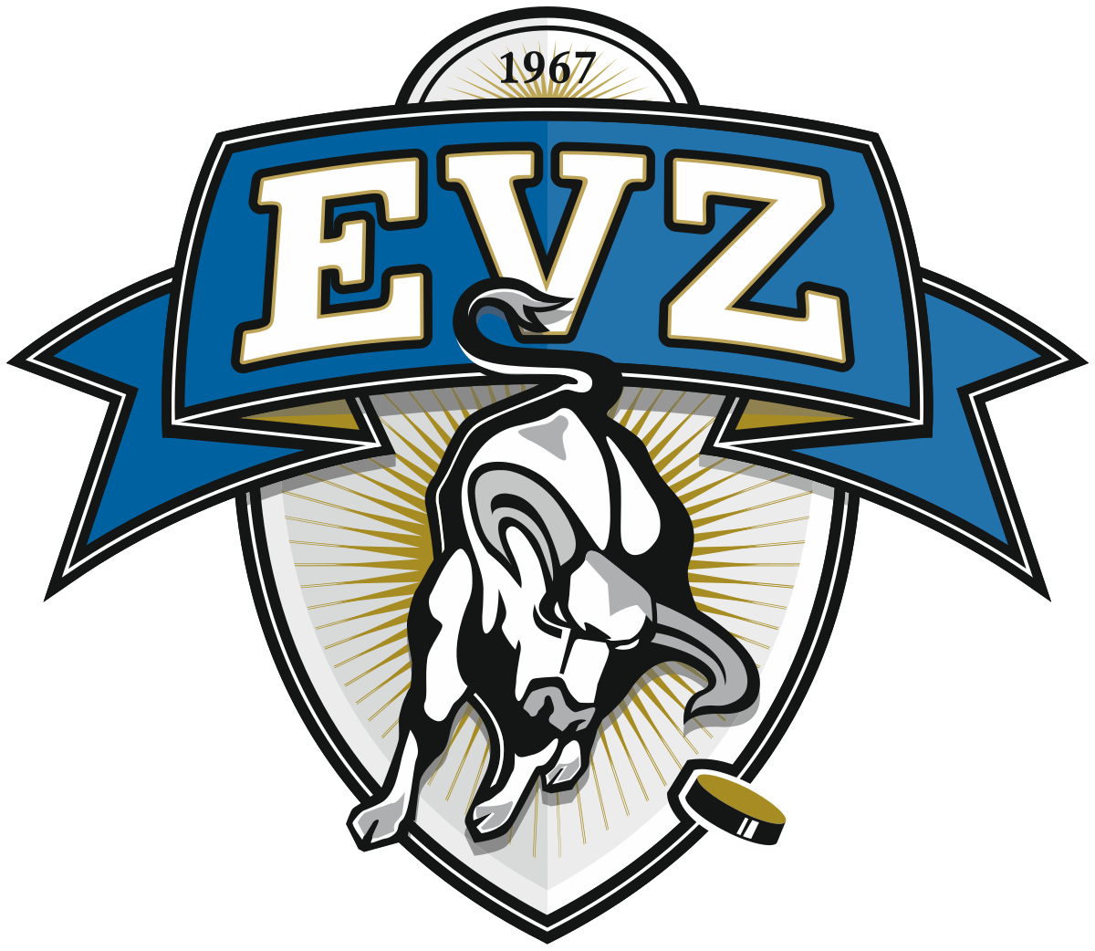 EVZ sports team logo featuring a shield with a blue banner reading EVZ, a charging bull in the center, and the year 1967 above.