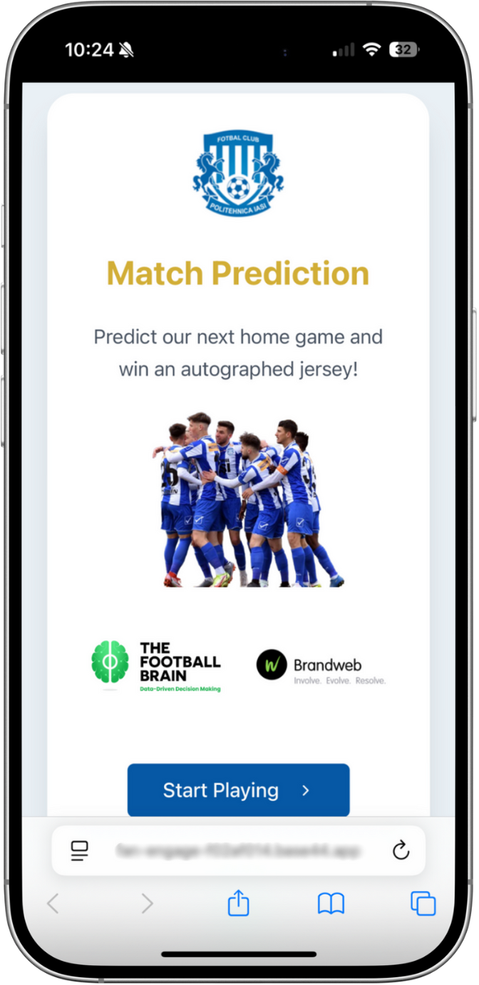 Mobile screen showing a match prediction promotion for Fotbal Club Politehnica Iasi with players in blue and white uniforms, inviting users to predict the next home game to win an autographed jersey, with logos for The Football Brain and Brandweb and a Start Playing button.