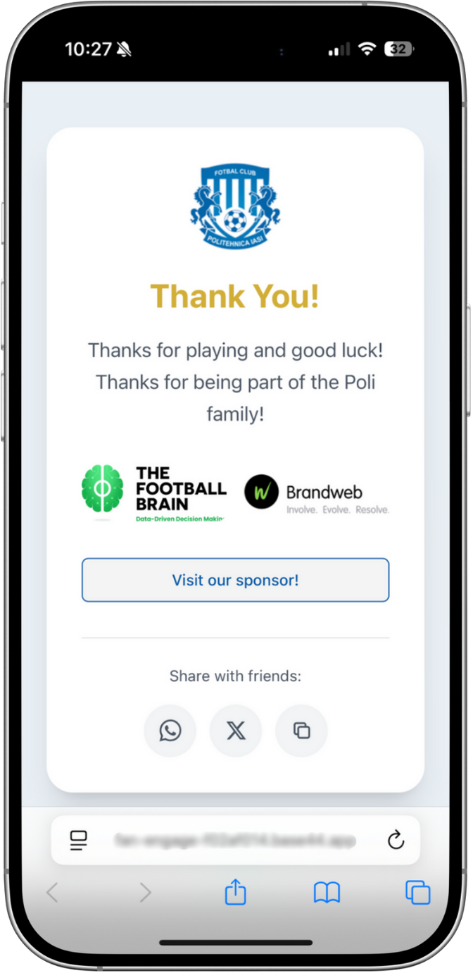 Mobile screen showing a thank you message from Fotbal Club Politehnica Iasi with sponsor logos for The Football Brain and Brandweb, and social media share icons for WhatsApp, X, and copying link.