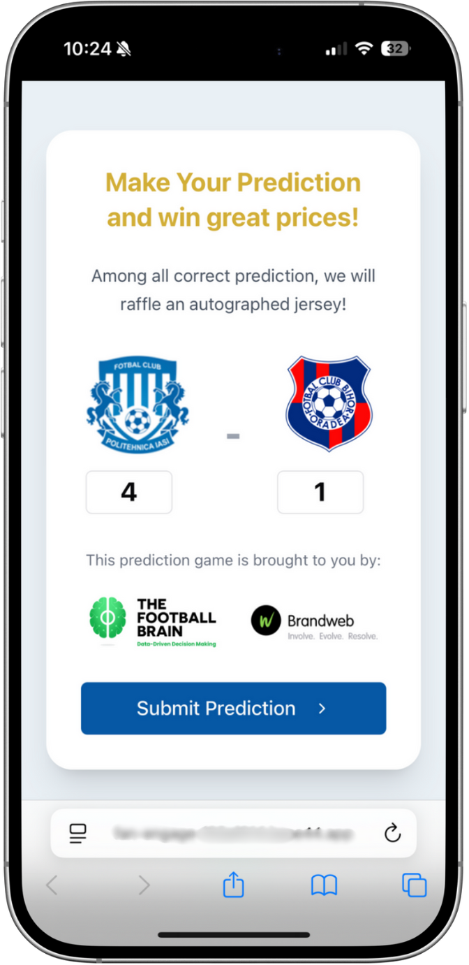 Mobile screen displaying a football prediction game asking users to predict the score between Fotbal Club Politehnica Iasi and Fotbal Club Bihor Oradea, with a predicted score of 4 to 1 and a chance to win prizes including an autographed jersey.